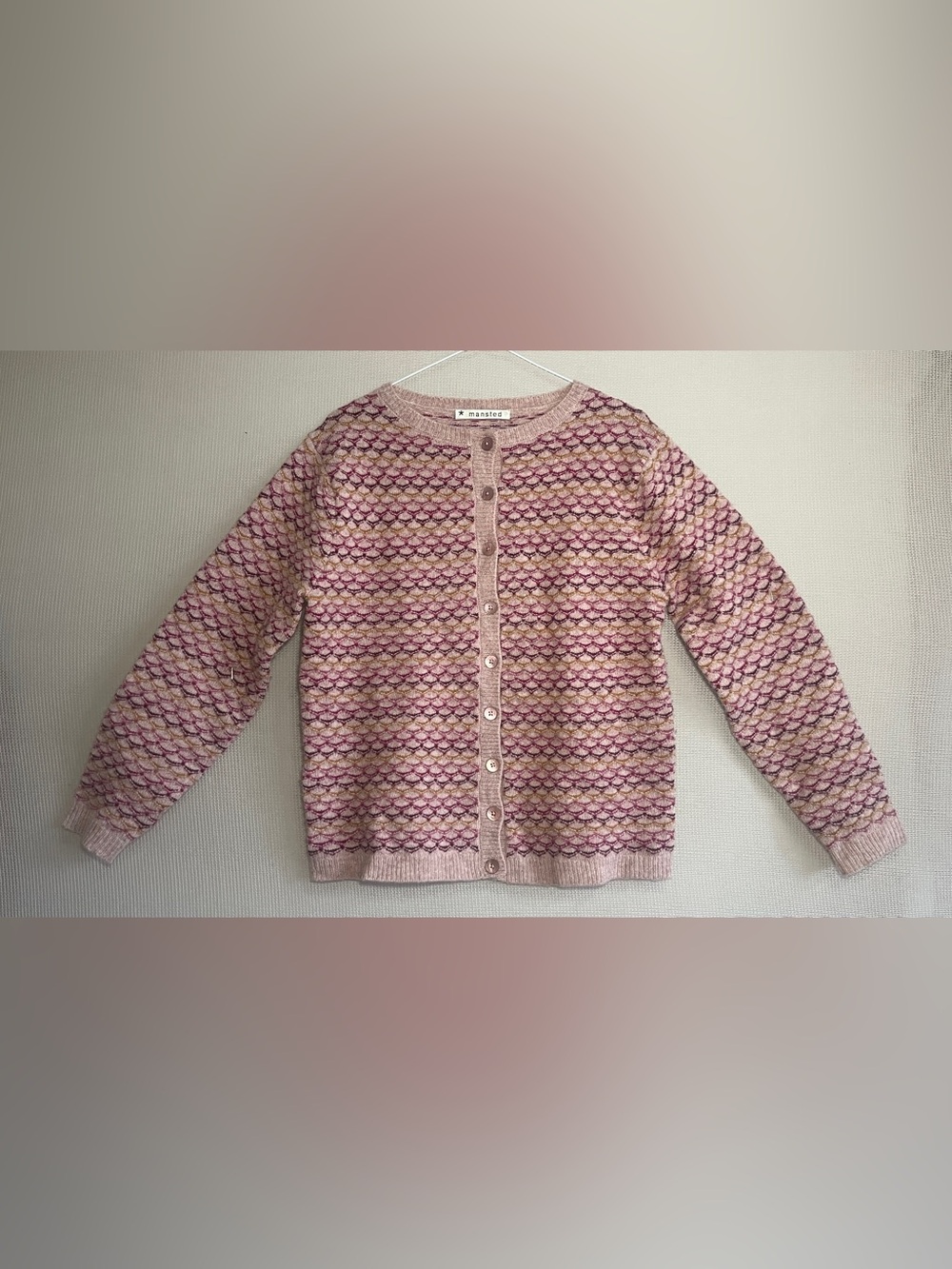 Mansted Lambswool Dusty Rose Fish Scale Jacquard Cardigan S